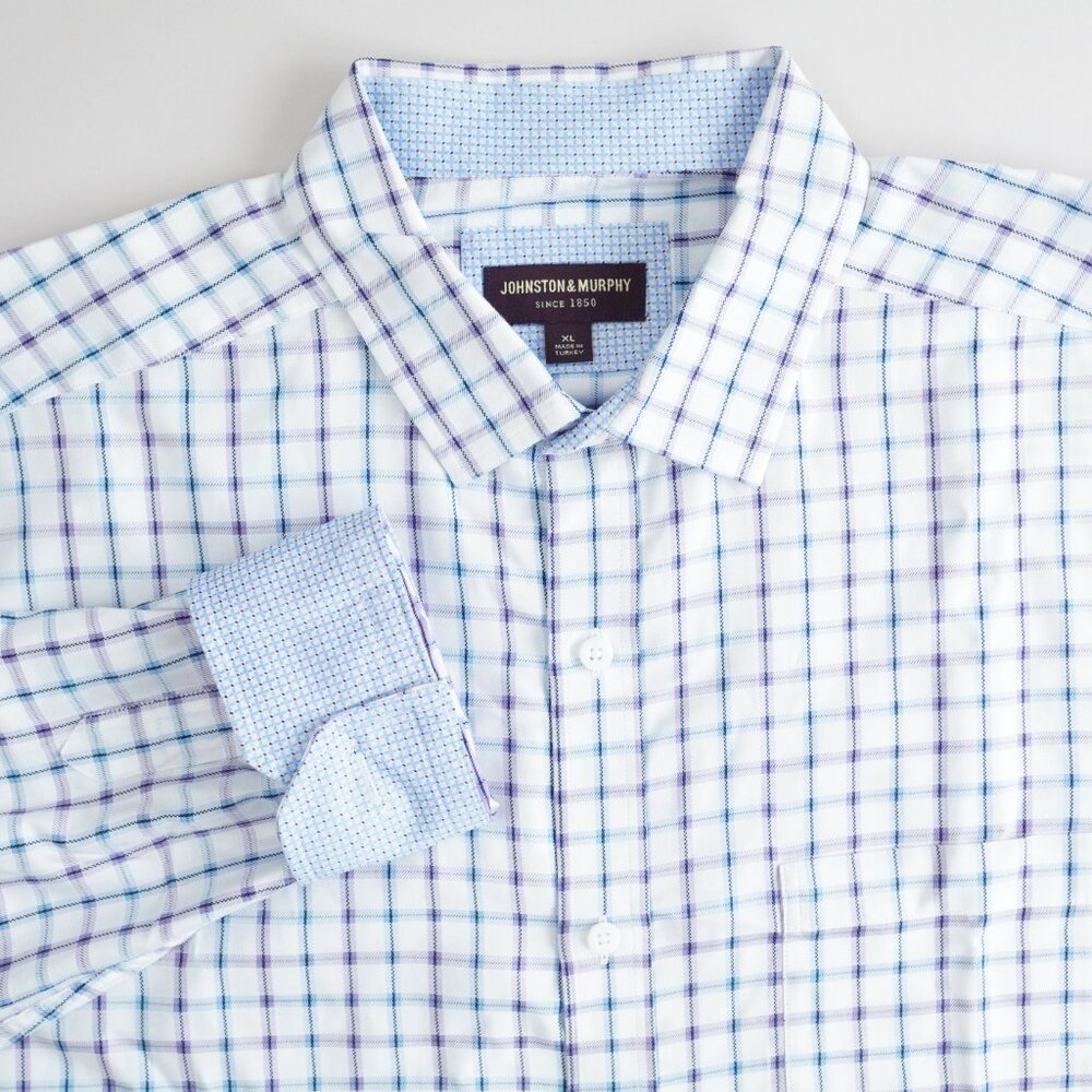 Johnson & Murphy Button Down Shirt Long Sleeve Flip Cuff Plaid Mens Size XL